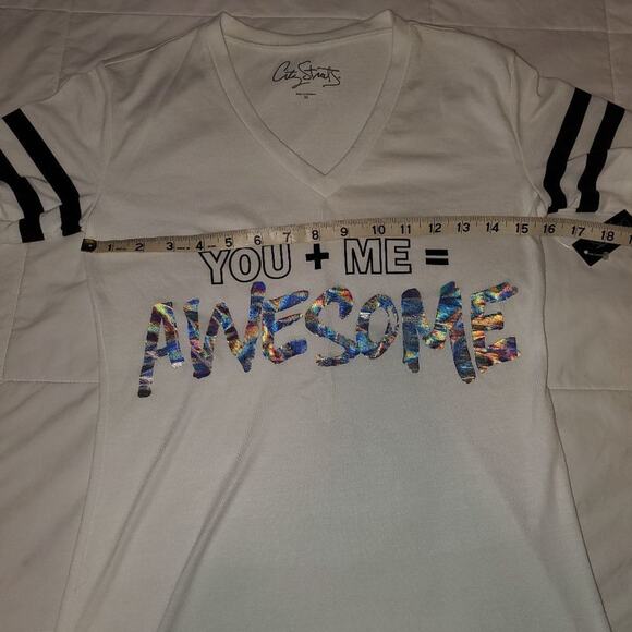 City streets extra small womens v-neck tee with striped trim and holographic wri - Picture 6 of 12